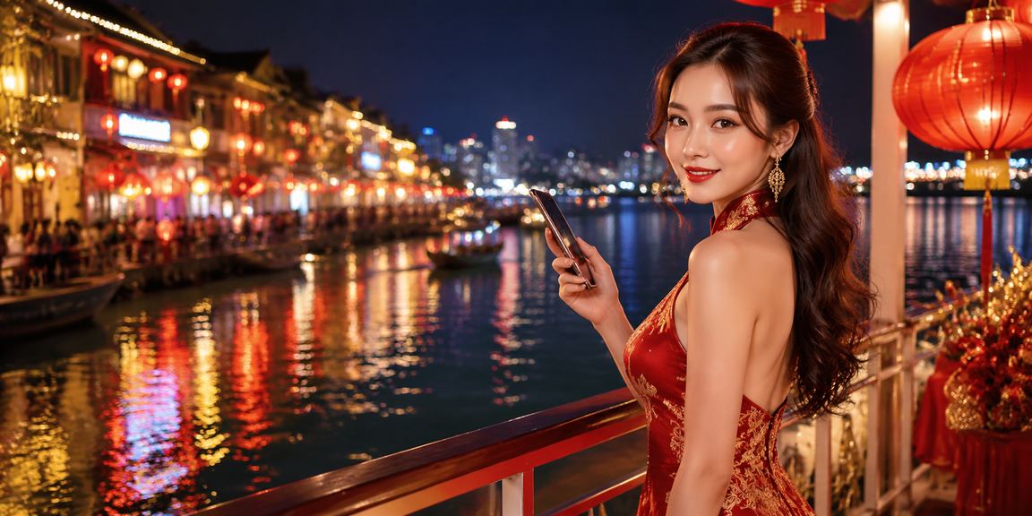 Người chơi sử dụng ứng dụng 2926 trên điện thoại trong khung cảnh phố cổ Hà Nội với đèn lồng