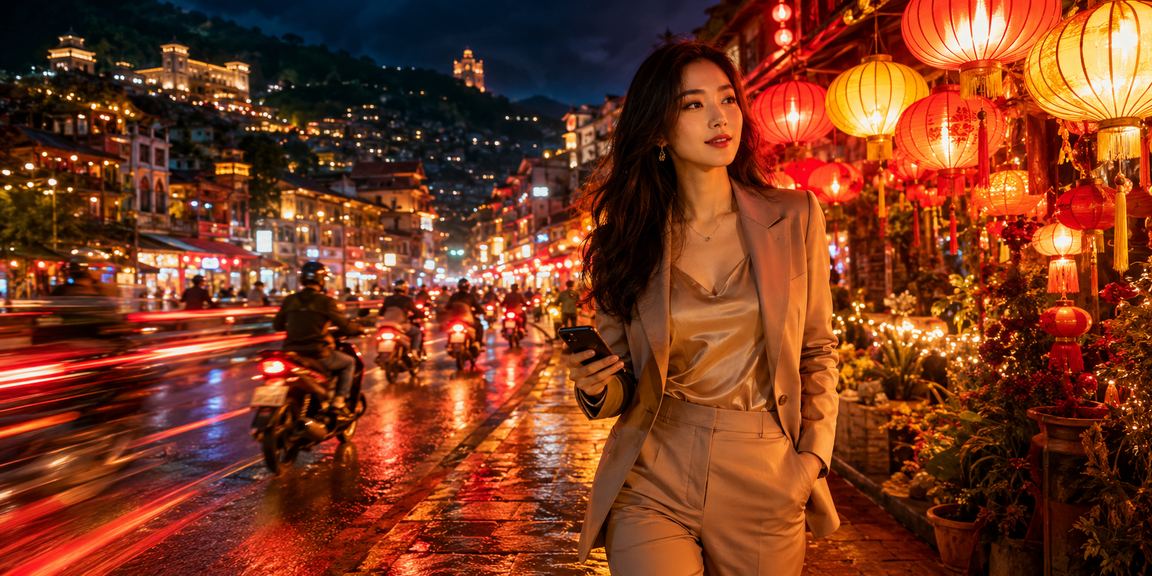 Người dùng tại chợ đêm Sa Pa đăng ký tài khoản và nhận thưởng đăng ký trên điện thoại di động